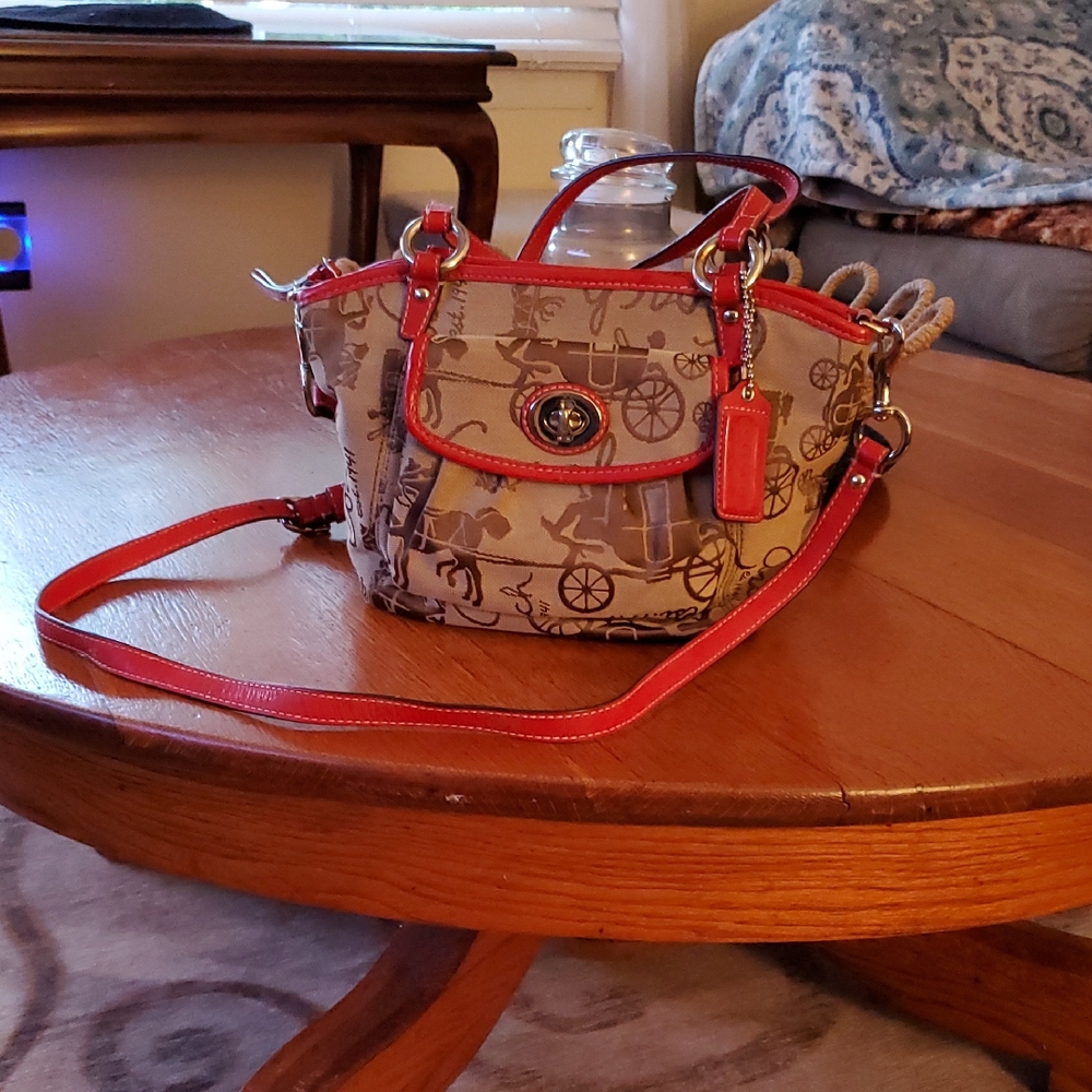 Coach Tan and Red Crossbody Bag with Gold Accents